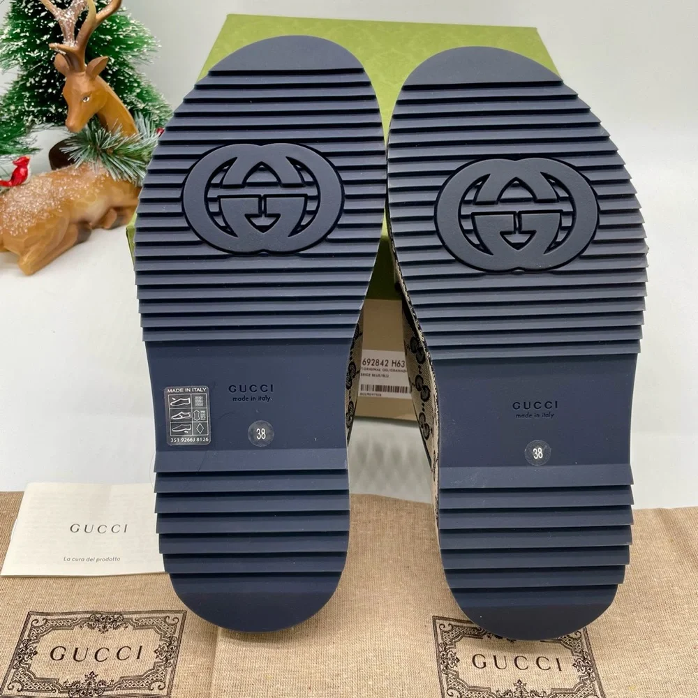 Gucci Beige GG Canvas Platform Slides with Black Trim - Picture 6 of 13